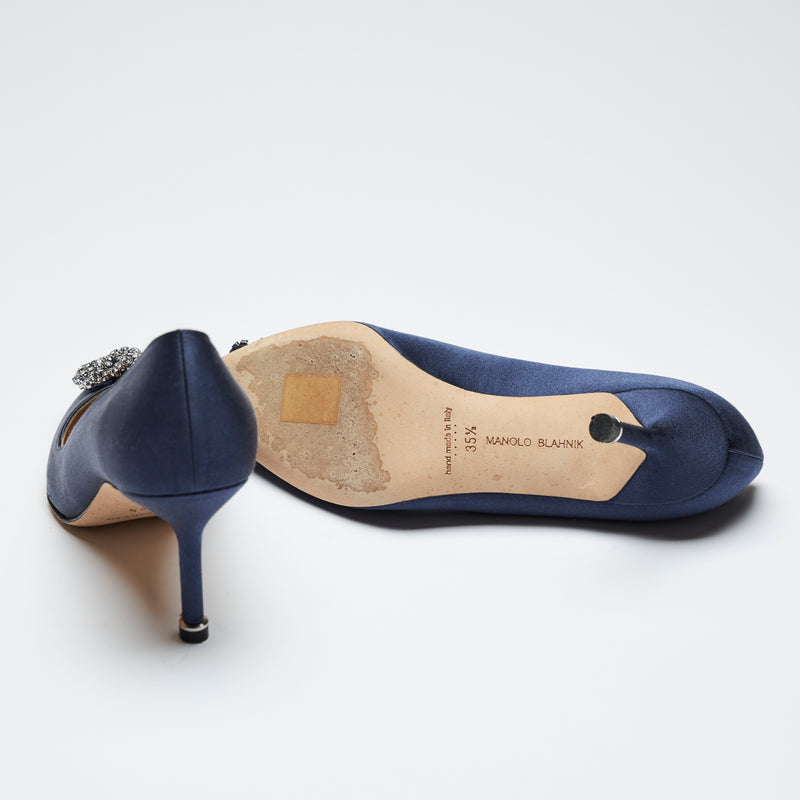 navy blue satin heels with dark grey crystal buckle ornament (bottom view)