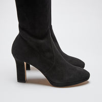black suede over the knee heel boots (close up view)