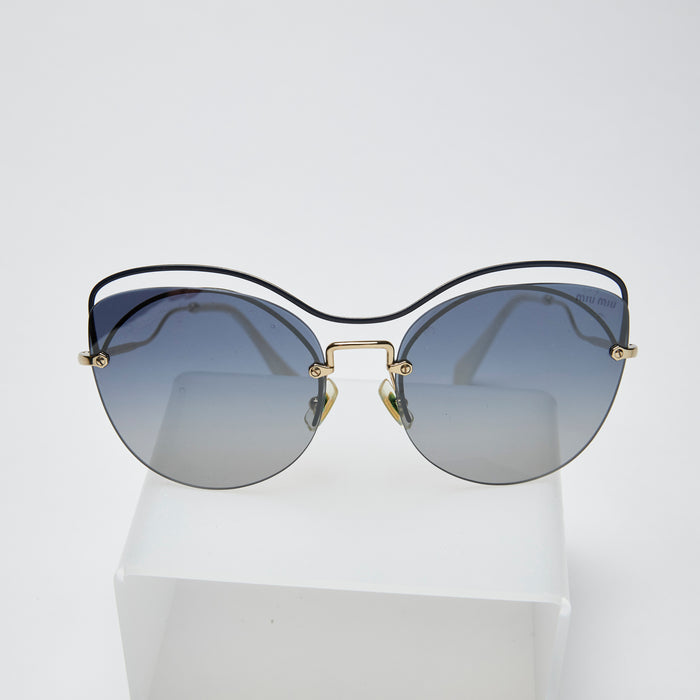 cat eye frameless sunglasses with blue gradient tint lens (front view)