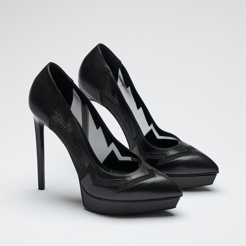 black leather and mesh platform heels (side view)