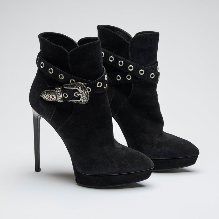 black suede platform high heel ankle boots with ankle strap details (side view)