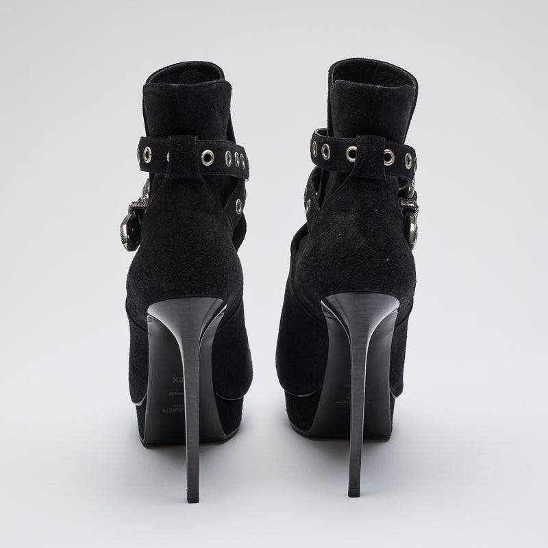 black suede platform high heel ankle boots with ankle strap details (back view)