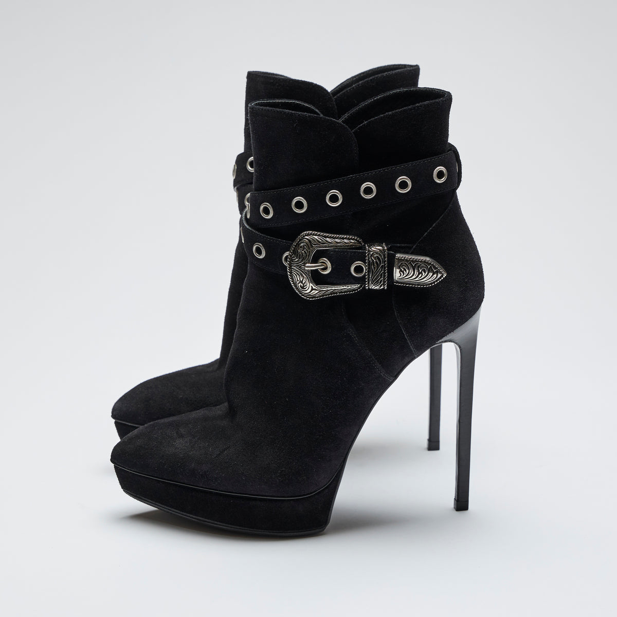 black suede platform high heel ankle boots with ankle strap details (side view)