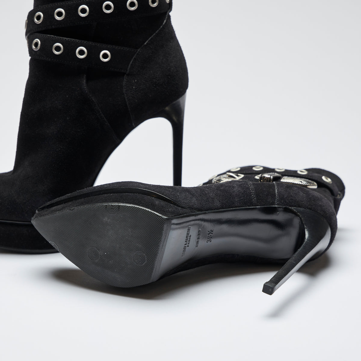 black suede platform high heel ankle boots with ankle strap details (bottom view)